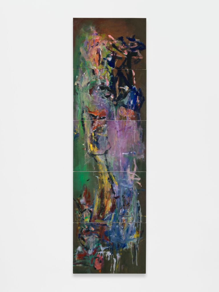 Rooted Gyre, 2025Oil on canvas and linen,158.7 &times; 46.3 cm (Five panels, 62.5 &times; 18.25 in)