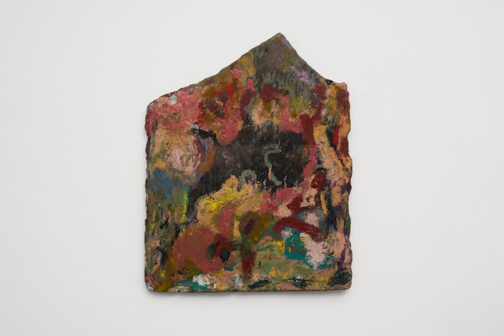 Fire House, 2026
Oil, oil stick, oil pastel and pigment on repurposed Welsh slate
25 x 28 cm
9 ¾ x 11 in