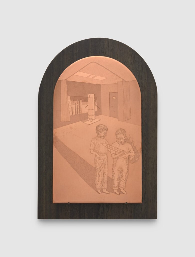 Trial Run, 2026
Etched copper, stained birch, and aged brass rods
37 x 24.3 cm
14 ½ x 9 ½ in